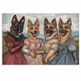 Victorian German Shepherd Art Print with Four Dogs in Vintage Dresses A Whimsical Hand Drawn Dog Portrait for Unique Gift or Elegant Wall Home Decor on Ready to Hang 1.5" Thick Canvas Wrap, Floating Framed Canvas, Flat Rolled Canvas
