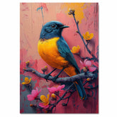 Golden Yellow and Blue Songbird on a Flowering Branch with Pink and Coral Abstract Background on Ready to Hang 1.5" Thick Canvas Wrap, Floating Framed Canvas, Flat Rolled Canvas