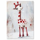 Whimsical Christmas Giraffe Ice Skating with Red Polka Dots and Snowy Antler Hat – Playful Holiday Animal Illustration Perfect for Seasonal Decor or Gifts on Ready to Hang 1.5" Thick Canvas Wrap, Floating Framed Canvas, Flat Rolled Canvas