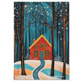 Red House in Snowy Forest with Golden Windows and Winding Path Beneath Falling Snowflakes and Starry Winter Sky on Ready to Hang 1.5" Thick Canvas Wrap, Floating Framed Canvas, Flat Rolled Canvas