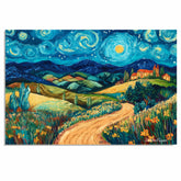 Starry Night-Inspired Folk Art Landscape with Rolling Hills, Bright Moon, and a Peaceful Countryside Village on Ready to Hang 1.5" Thick Canvas Wrap, Floating Framed Canvas, Flat Rolled Canvas