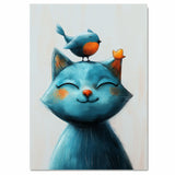 Smiling Blue Cat with Orange-Breasted Bird on Head Playful Whimsical Animal Illustration for Nursery or Kids Room Cute Art for Cat and Bird Lovers on Ready to Hang 1.5" Thick Canvas Wrap, Floating Framed Canvas, Flat Rolled Canvas