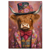 Regal Charm: Highland Cattle in a Victorian-Era European Suit and Hat Whimsical Heartfelt Artwork on Ready to Hang 1.5" Thick Canvas Wrap, Floating Framed Canvas, Flat Rolled Canvas