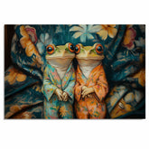 Elegant Painting of Two Frogs in Floral Pajamas Sitting Together with Gentle Expressions on a Bold Botanical Background in Teal and Warm Orange Hues on Ready to Hang 1.5" Thick Canvas Wrap, Floating Framed Canvas, Flat Rolled Canvas