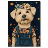 Fluffy White Dog Wall Art Wearing Floral Overalls and Flower Crown Whimsical Animal Nursery Decor Farmhouse Bedroom Art Country Cottage Gifts for Dog Lovers on Ready to Hang 1.5" Thick Canvas Wrap, Floating Framed Canvas, Flat Rolled Canvas