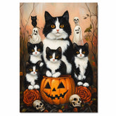 Haunting Whispers: Tuxedo Cat Mom and Four Kittens in a Spooky Forest on Ready to Hang 1.5" Thick Canvas Wrap, Floating Framed Canvas, Flat Rolled Canvas