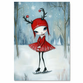 Whimsical Christmas Girl Ice Skating in Red Antler Hat and Dress Cute Fantasy Winter Art Print or Canvas for Holiday Decor and Collectors on Ready to Hang 1.5" Thick Canvas Wrap, Floating Framed Canvas, Flat Rolled Canvas