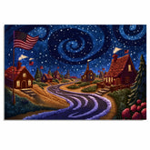 Whimsical 4th of July Village Under Swirling Starry Sky with Glowing Cottages, American Flags, and Winding Road in a Cozy Patriotic Nighttime Scene on Ready to Hang 1.5" Thick Canvas Wrap, Floating Framed Canvas, Flat Rolled Canvas