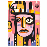 Bold Abstract Face Illustration with Pink and Yellow Tones in Mid-Century Modern and Tribal Pop Art Style on Ready to Hang 1.5" Thick Canvas Wrap, Floating Framed Canvas, Flat Rolled Canvas
