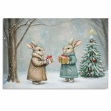 "Winter Wonderland: Gift-Giving Bunnies" Cozy Rabbits in a Snowy Forest Scene on Ready to Hang 1.5" Thick Canvas Wrap, Floating Framed Canvas, Flat Rolled Canvas