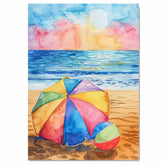 Watercolor Painting of Colorful Beach Umbrella and Ball on Sandy Shore with Ocean Sunset and Vibrant Sky Reflections on Ready to Hang 1.5" Thick Canvas Wrap, Floating Framed Canvas, Flat Rolled Canvas