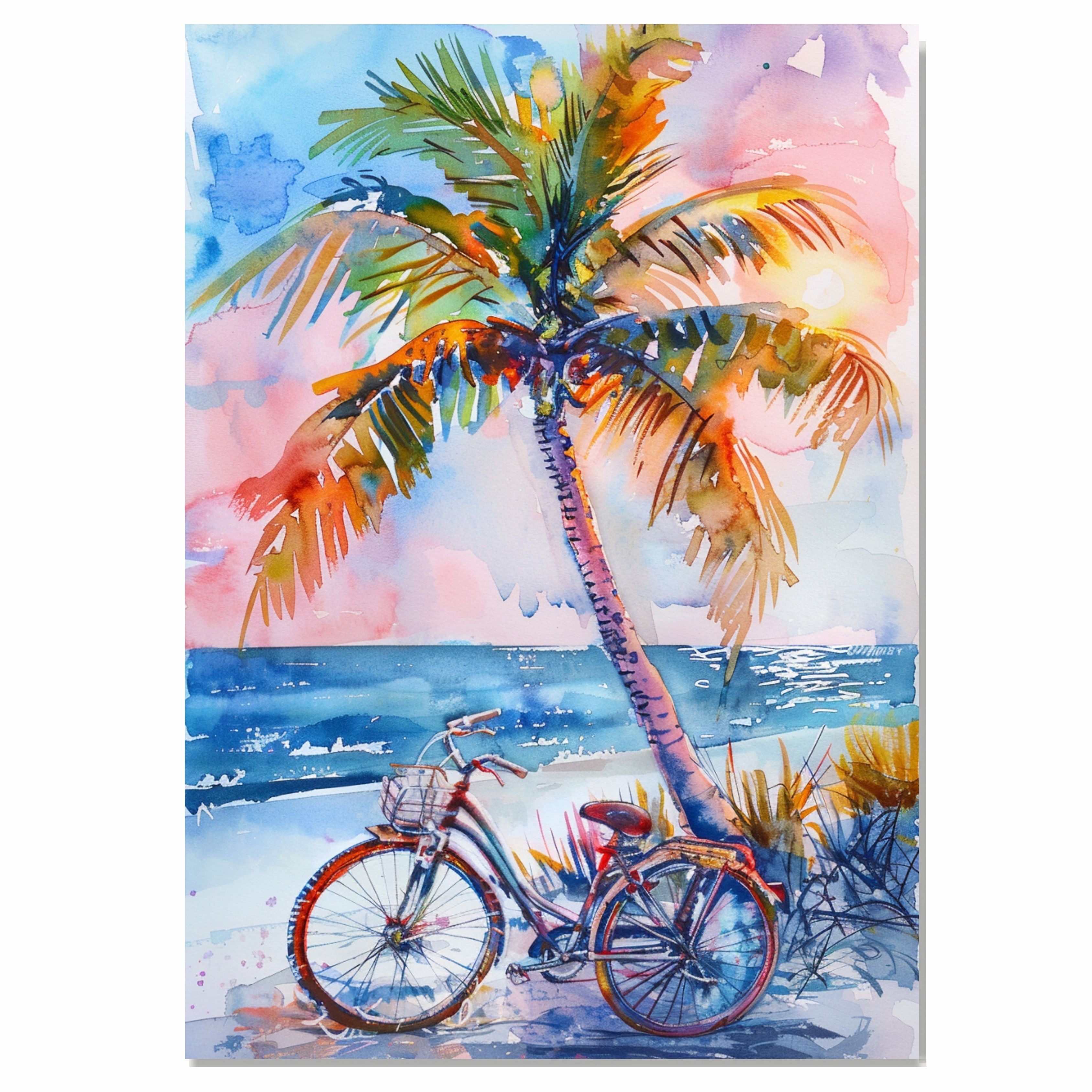Palm Tree and Vintage Bike Canvas Wall Art Tropical Beach Sunset