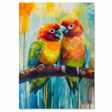 Colorful Lovebird Pair in Abstract Impressionist Style with Vibrant Tropical Hues Sitting on a Branch Against a Bright Blue and Yellow Background on Ready to Hang 1.5" Thick Canvas Wrap, Floating Framed Canvas, Flat Rolled Canvas