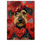 Heartfelt Charm: Airedale Dog in a Stylish Red Hat Surrounded by Love - Endearing Valentine's Painting on Ready to Hang 1.5" Thick Canvas Wrap, Floating Framed Canvas, Flat Rolled Canvas