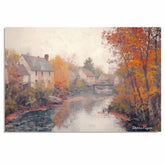 Golden Season – Country Houses and Flowing Stream in Autumn on Ready to Hang 1.5" Thick Canvas Wrap, Floating Framed Canvas, Flat Rolled Canvas
