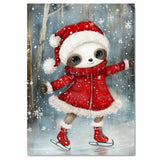 Whimsical Christmas Sloth Ice Skating Art – Red Santa Coat & Hat Winter Print, Cute Holiday Nursery Decor, Cozy Woodland Animal Illustration Wall Art on Ready to Hang 1.5" Thick Canvas Wrap, Floating Framed Canvas, Flat Rolled Canvas