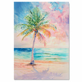 Palm Tree Overlooking Tranquil Ocean in Soft Watercolor Sunset Painting on Ready to Hang 1.5" Thick Canvas Wrap, Floating Framed Canvas, Flat Rolled Canvas