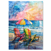 Watercolor Art of Multicolored Beach Chairs & Umbrella by the Ocean on Ready to Hang 1.5" Thick Canvas Wrap, Floating Framed Canvas, Flat Rolled Canvas