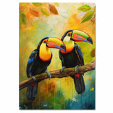 Colorful Toucan Pair with Rainbow Beaks on Tree Branch in a Tropical Setting Surrounded by Autumn Leaves and a Golden Jungle Background on Ready to Hang 1.5" Thick Canvas Wrap, Floating Framed Canvas, Flat Rolled Canvas