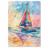 Colorful Sailboat Watercolor Painting with Ocean Waves, Sunset Sky, and Flying Seagulls on Ready to Hang 1.5" Thick Canvas Wrap, Floating Framed Canvas, Flat Rolled Canvas