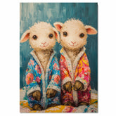 Adorable Painting of Two Fluffy Lambs in Colorful Floral Pajamas with Sweet Expressions Perfect for Nursery Kids Room or Farm Animal Lover Gift on Ready to Hang 1.5" Thick Canvas Wrap, Floating Framed Canvas, Flat Rolled Canvas