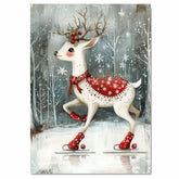 Whimsical Christmas Deer Ice Skating in Red Snowflake Blanket with Holly Antlers Woodland Winter Illustration Holiday Nursery Wall Art or Canvas Print on Ready to Hang 1.5" Thick Canvas Wrap, Floating Framed Canvas, Flat Rolled Canvas