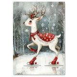 Whimsical Christmas Deer Ice Skating in Red Snowflake Blanket with Holly Antlers Woodland Winter Illustration Holiday Nursery Wall Art or Canvas Print on Ready to Hang 1.5" Thick Canvas Wrap, Floating Framed Canvas, Flat Rolled Canvas