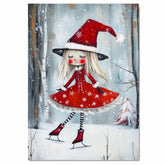 Christmas Witch Ice Skating Print – Whimsical Red Dress & Striped Tights Holiday Art, Cute Winter Witch Decor, Magical Snowy Season Wall Art for Girls' Room or Nursery on Ready to Hang 1.5" Thick Canvas Wrap, Floating Framed Canvas, Flat Rolled Canvas