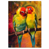 Affectionate Lovebird Pair Painting Featuring Vibrant Parrots in Red, Yellow, and Green Plumage Sharing a Tender Moment on a Branch in a Colorful Jungle Scene on Ready to Hang 1.5" Thick Canvas Wrap, Floating Framed Canvas, Flat Rolled Canvas