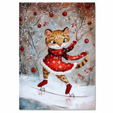 Charming Christmas Cougar Ice Skating in Red Dress Whimsical Holiday Art Featuring Playful Wild Cat in Snowy Forest for Winter Decor and Animal Lovers on Ready to Hang 1.5" Thick Canvas Wrap, Floating Framed Canvas, Flat Rolled Canvas