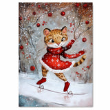 Charming Christmas Cougar Ice Skating in Red Dress Whimsical Holiday Art Featuring Playful Wild Cat in Snowy Forest for Winter Decor and Animal Lovers on Ready to Hang 1.5" Thick Canvas Wrap, Floating Framed Canvas, Flat Rolled Canvas