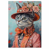 Elegance in Bloom: Cat in a European-Inspired Flowery Dress and Hat with a Heartfelt Touch Romantic Painting on Ready to Hang 1.5" Thick Canvas Wrap, Floating Framed Canvas, Flat Rolled Canvas
