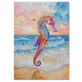 Watercolor Painting of a Vibrant Seahorse on the Shore with Ocean Waves and a Soft Sunset Sky on Ready to Hang 1.5" Thick Canvas Wrap, Floating Framed Canvas, Flat Rolled Canvas