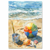 Watercolor Painting of Colorful Beach Ball with Seashells and Ocean Waves on Sandy Seashore Summer Coastal Scene on Ready to Hang 1.5" Thick Canvas Wrap, Floating Framed Canvas, Flat Rolled Canvas