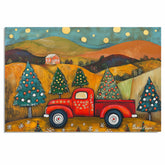 Vintage Red Christmas Truck with Decorated Trees Driving Through Rolling Hills in Whimsical Folk Art Landscape on Ready to Hang 1.5" Thick Canvas Wrap, Floating Framed Canvas, Flat Rolled Canvas