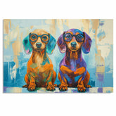 Playful Colorful Dachshund Dog Art Print with Two Adorable Dogs Wearing Glasses Bright Pop Style Home Decor for Dog Lovers and Fun Living Room Accent on Ready to Hang 1.5" Thick Canvas Wrap, Floating Framed Canvas, Flat Rolled Canvas