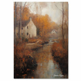 Autumn Stream Running Through a Village – Rustic Fall Landscape Oil Painting Print on Ready to Hang 1.5" Thick Canvas Wrap, Floating Framed Canvas, Flat Rolled Canvas