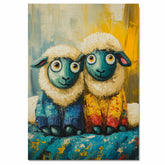 Whimsical Painting of Two Cute Sheep in Colorful Pajamas with Big Eyes and Fluffy Wool Perfect for Kids Room Nursery or Animal Lover Gift on Ready to Hang 1.5" Thick Canvas Wrap, Floating Framed Canvas, Flat Rolled Canvas