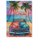 Watercolor Painting of Retro Car on Tropical Beach at Sunset with Palm Trees and Ocean Horizon on Ready to Hang 1.5" Thick Canvas Wrap, Floating Framed Canvas, Flat Rolled Canvas