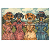 Victorian Dachshund Art Print with Four Sausage Dogs in Elegant Dresses A Whimsical Hand Drawn Dog Illustration Perfect for Unique Home or Gift Decor on Ready to Hang 1.5" Thick Canvas Wrap, Floating Framed Canvas, Flat Rolled Canvas