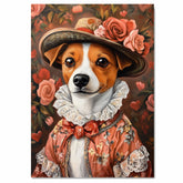 Victorian Grace: Jack Russell Dog in a Hearty Flowery European Dress and Hat Whimsical Art on Ready to Hang 1.5" Thick Canvas Wrap, Floating Framed Canvas, Flat Rolled Canvas
