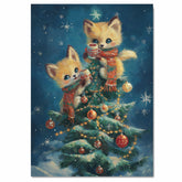 Two Baby Foxes in Scarves Holding Cocoa on Christmas Tree Surrounded by Ornaments and Lights in Winter Night Scene Holiday Art Print for Cozy Decor on Ready to Hang 1.5" Thick Canvas Wrap, Floating Framed Canvas, Flat Rolled Canvas