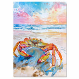 Watercolor Painting of a Multicolored Crab on the Beach – Coastal Ocean Art Print with Sunset Sky and Waves on Ready to Hang 1.5" Thick Canvas Wrap, Floating Framed Canvas, Flat Rolled Canvas