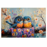 Painting of Two Colorful Plump Birds Sitting Close Together on a Flower Covered Branch with Bright Feathers and Big Eyes in a Playful Springtime Floral Scene on Ready to Hang 1.5" Thick Canvas Wrap, Floating Framed Canvas, Flat Rolled Canvas