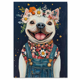 Happy White Dog Wearing Overalls and Floral Shirt Whimsical Farmhouse Art Perfect for Nursery Bedroom Living Room Dog Lover Gift Rustic Home Decor on Ready to Hang 1.5" Thick Canvas Wrap, Floating Framed Canvas, Flat Rolled Canvas