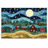 Magical Christmas Night with Moonlit Hills and Red Cabins – Folk Art Winter Wonderland Scene on Ready to Hang 1.5" Thick Canvas Wrap, Floating Framed Canvas, Flat Rolled Canvas