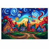 Colorful 4th of July Village with Fireworks, American Flags, and Swirling Sky, Whimsical Sunset Scene with Bold Colors and Playful Patriotic Celebration on Ready to Hang 1.5" Thick Canvas Wrap, Floating Framed Canvas, Flat Rolled Canvas