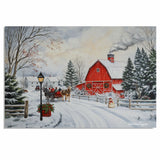 Festive Winter Scene with Red Barn, Horse-Drawn Sleigh, Snow-Covered Trees, White Houses, and a Cheerful Snowman on Ready to Hang 1.5" Thick Canvas Wrap, Floating Framed Canvas, Flat Rolled Canvas