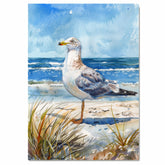 Watercolor Painting of a Seagull Standing on a Sandy Beach by the Ocean on Ready to Hang 1.5" Thick Canvas Wrap, Floating Framed Canvas, Flat Rolled Canvas