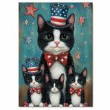 Freedom & Felines: Tuxedo Cat Mom with Three Kittens in a Patriotic Scene - Charming American-Themed Painting on Ready to Hang 1.5" Thick Canvas Wrap, Floating Framed Canvas, Flat Rolled Canvas